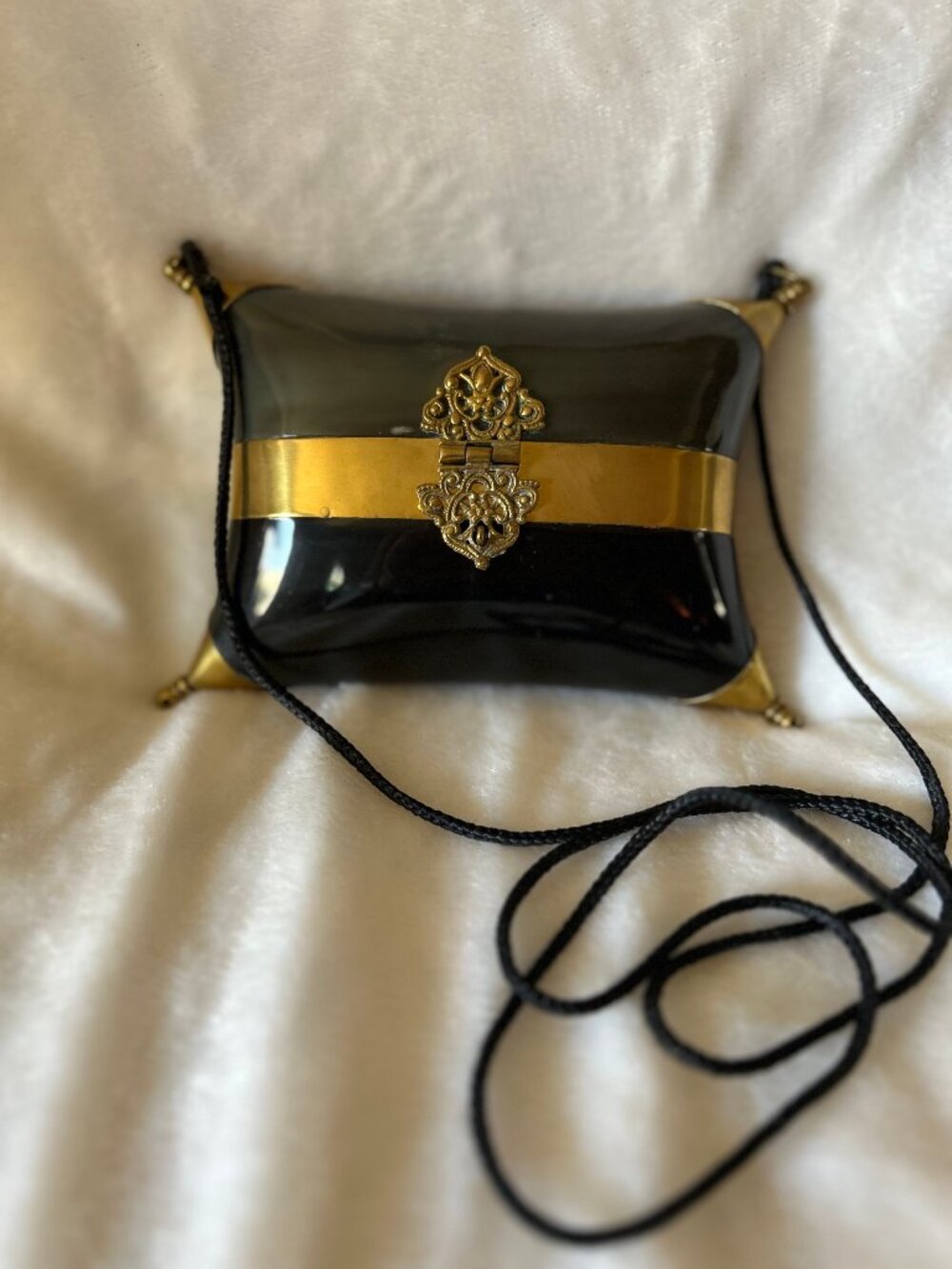 Vintage 1930s, Art Deco black, buffalo horn & brass pillow purse with shoulder s